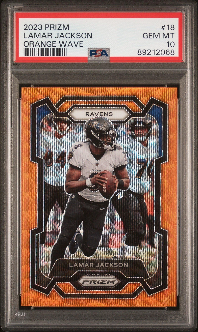 2023 Panini Prizm 18 Lamar Jackson Orange Wave PSA 10