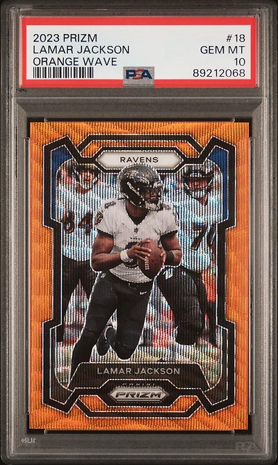 2023 Panini Prizm 18 Lamar Jackson Orange Wave PSA 10