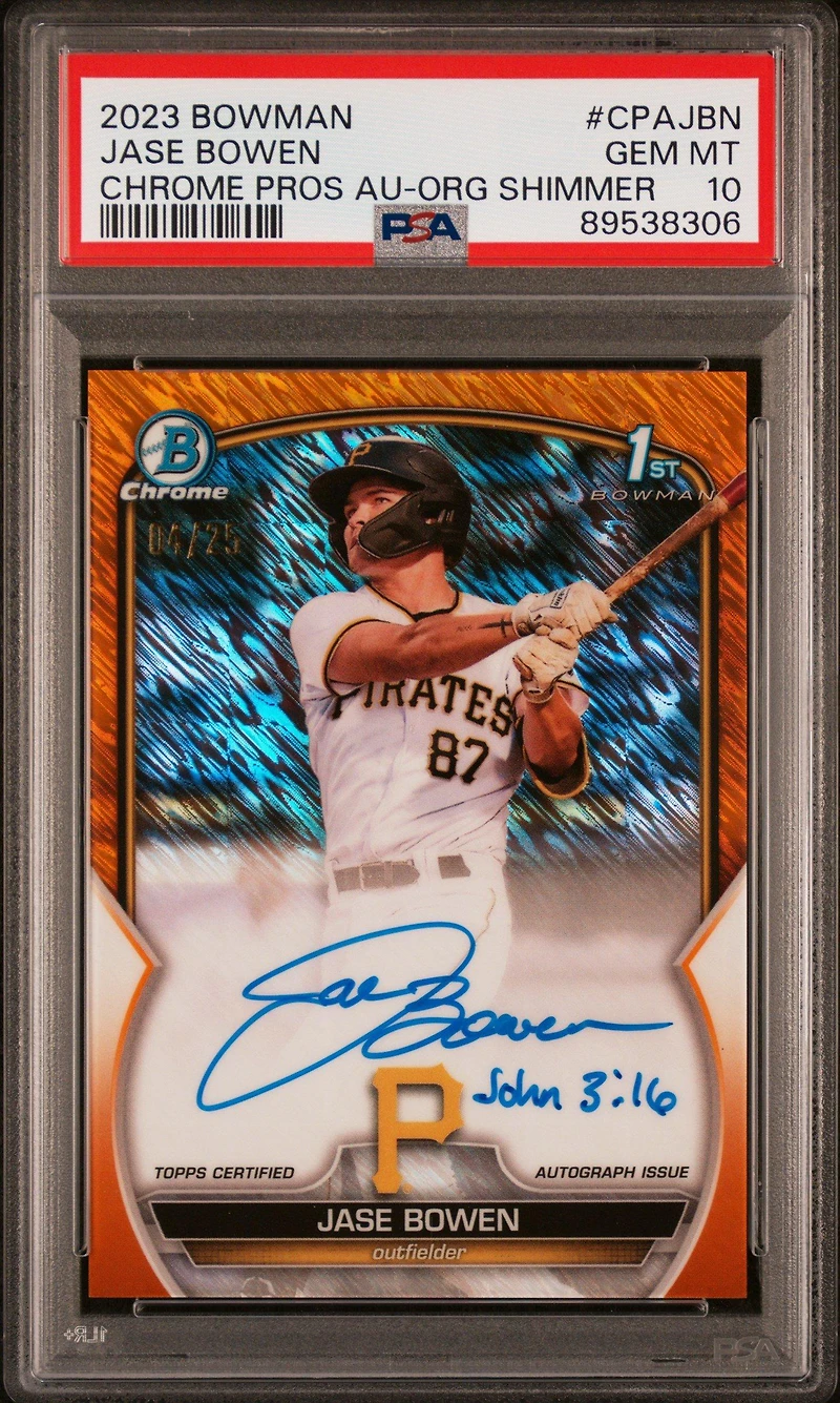 2023 Bowman Chrome Prospect Autographs Cpajbn Jase Bowen Orange Shimmer PSA 10