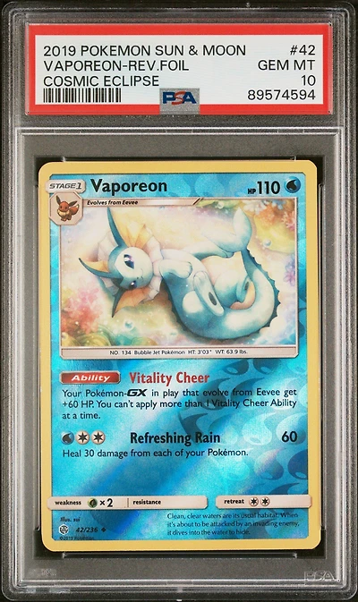 2019 Pokemon Sun & Moon Cosmic Eclipse 42 Vaporeon-reverse Foil PSA 10