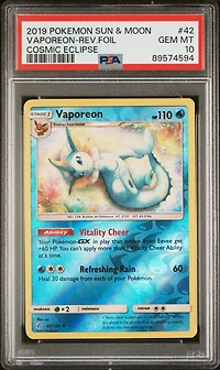 2019 Pokemon Sun & Moon Cosmic Eclipse 42 Vaporeon-reverse Foil PSA 10