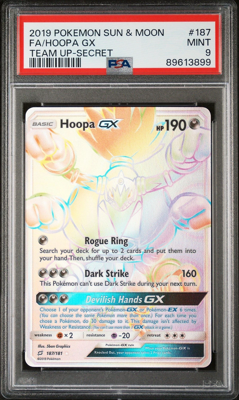 2019 Pokemon Sun & Moon Team Up 187 Full Art/hoopa Gx Secret PSA