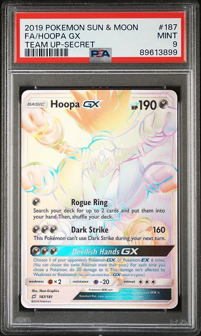 2019 Pokemon Sun & Moon Team Up 187 Full Art/hoopa Gx Secret PSA