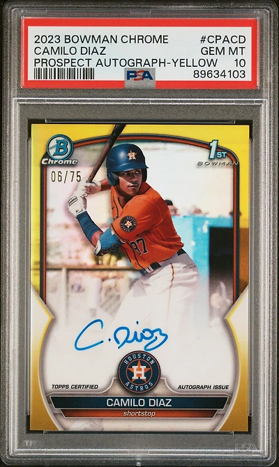 2023 Bowman Chrome Prospect Autographs Cpacd Camilo Diaz Yellow Refractor PSA 10
