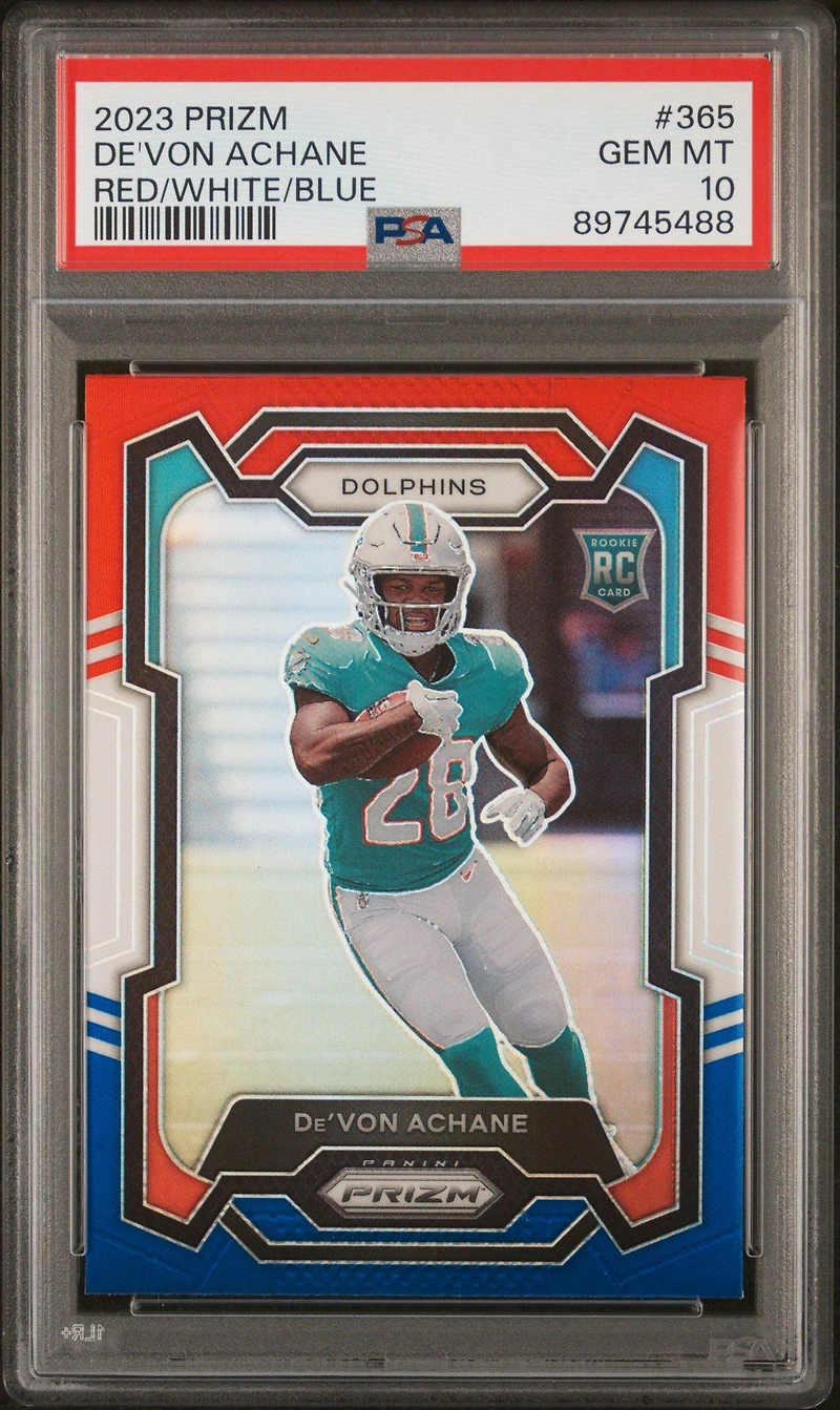 2023 Panini Prizm 365 De'von Achane Red/white/blue Prizm PSA 10