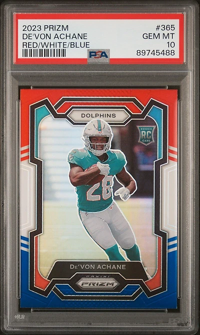 2023 Panini Prizm 365 De'von Achane Red/white/blue Prizm PSA 10