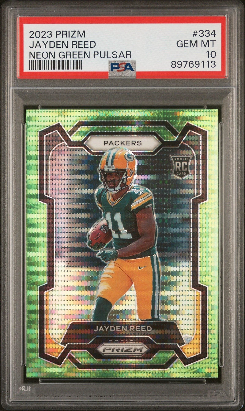 2023 Panini Prizm 334 Jayden Reed Neon Green Pulsar PSA 10