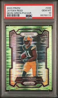 2023 Panini Prizm 334 Jayden Reed Neon Green Pulsar PSA 10