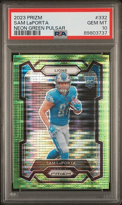 2023 Panini Prizm 332 Sam Laporta Neon Green Pulsar PSA 10