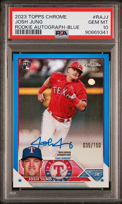 2023 Topps Chrome Rookie Autograph Rajj Josh Jung Blue Refractor PSA 10