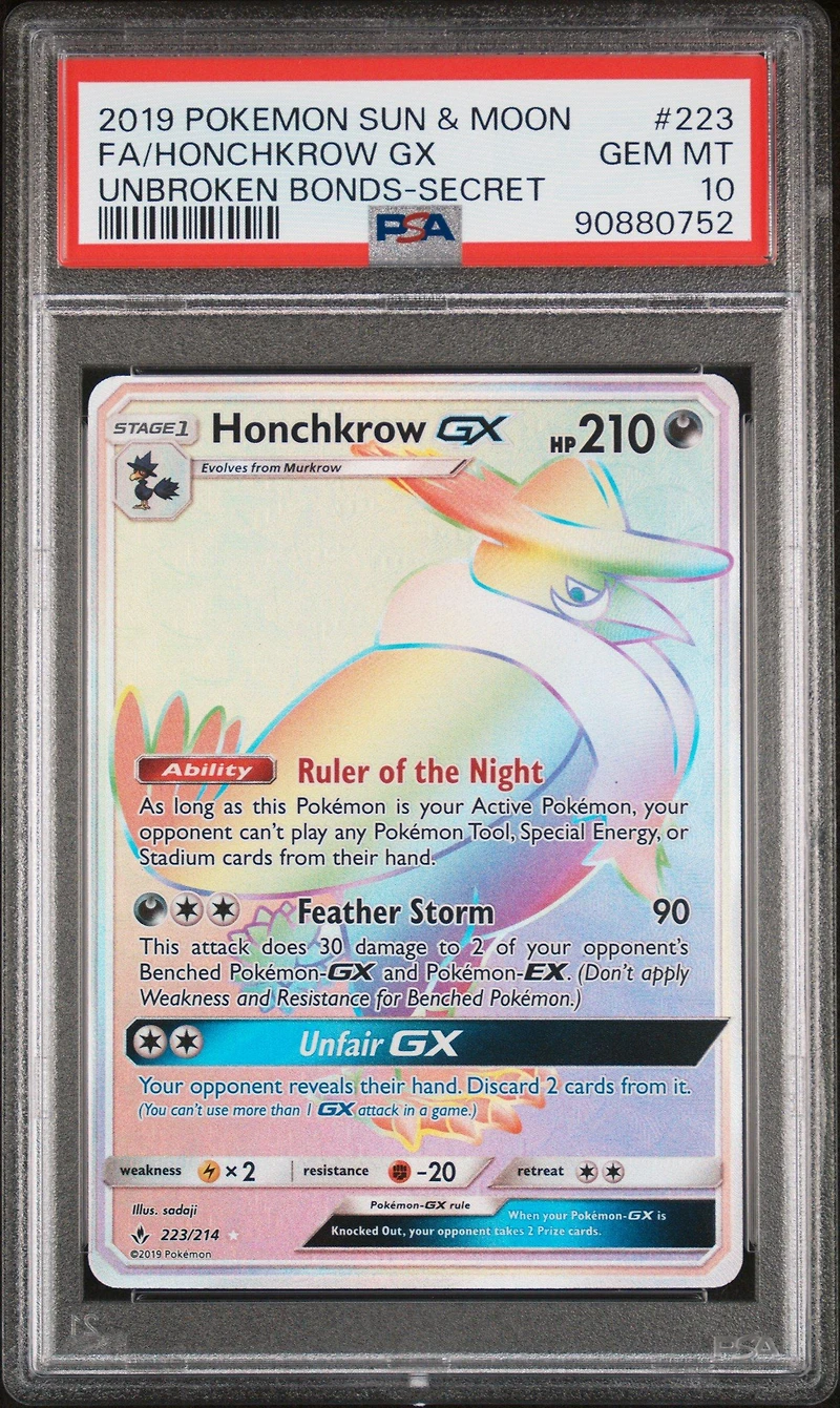 2019 Pokemon Sun & Moon Unbroken Bonds 223 Full Art/honchkrow Gx Secret PSA 10