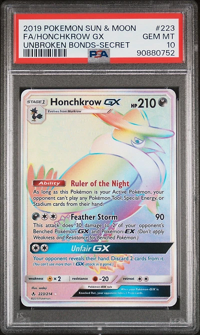 2019 Pokemon Sun & Moon Unbroken Bonds 223 Full Art/honchkrow Gx Secret PSA 10