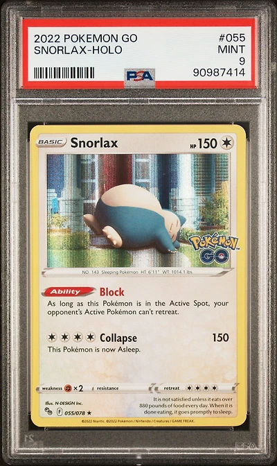 2022 Pokemon Go 055 Snorlax-holo PSA 9