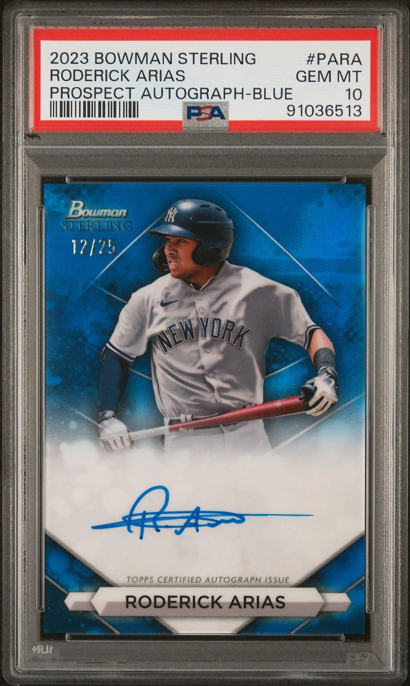 2023 Bowman Sterling Prospect Autographs Para Roderick Arias Blue Refractor PSA 10