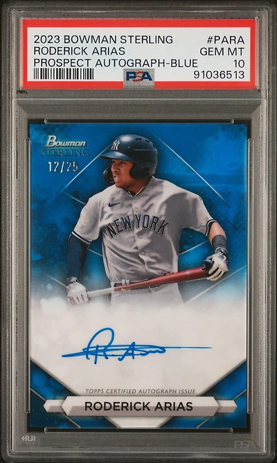 2023 Bowman Sterling Prospect Autographs Para Roderick Arias Blue Refractor PSA 10