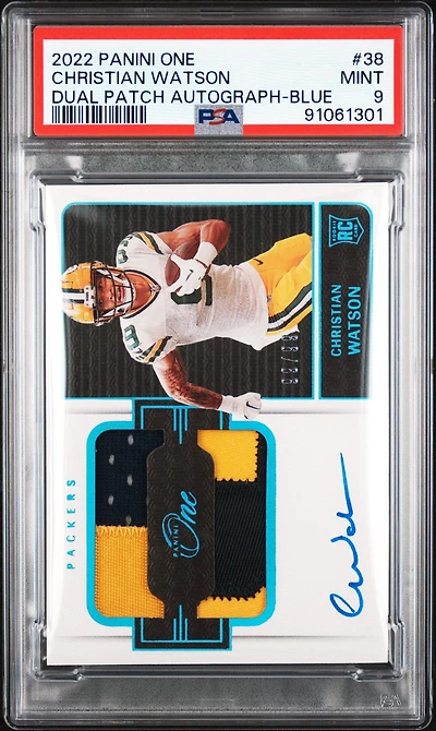 2022 Panini One 38 Christian Watson Dual Patch Autograph-blue PSA 9