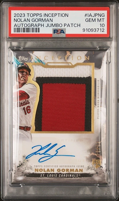 2023 Topps Inception Inception Autograph Jumbo Patch Iajpng Nolan Gorman PSA 10