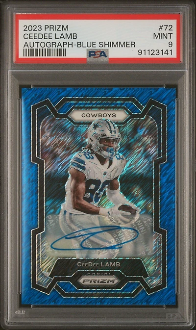 2023 Panini Prizm 72 Ceedee Lamb Autograph-blue Shimmer PSA 9