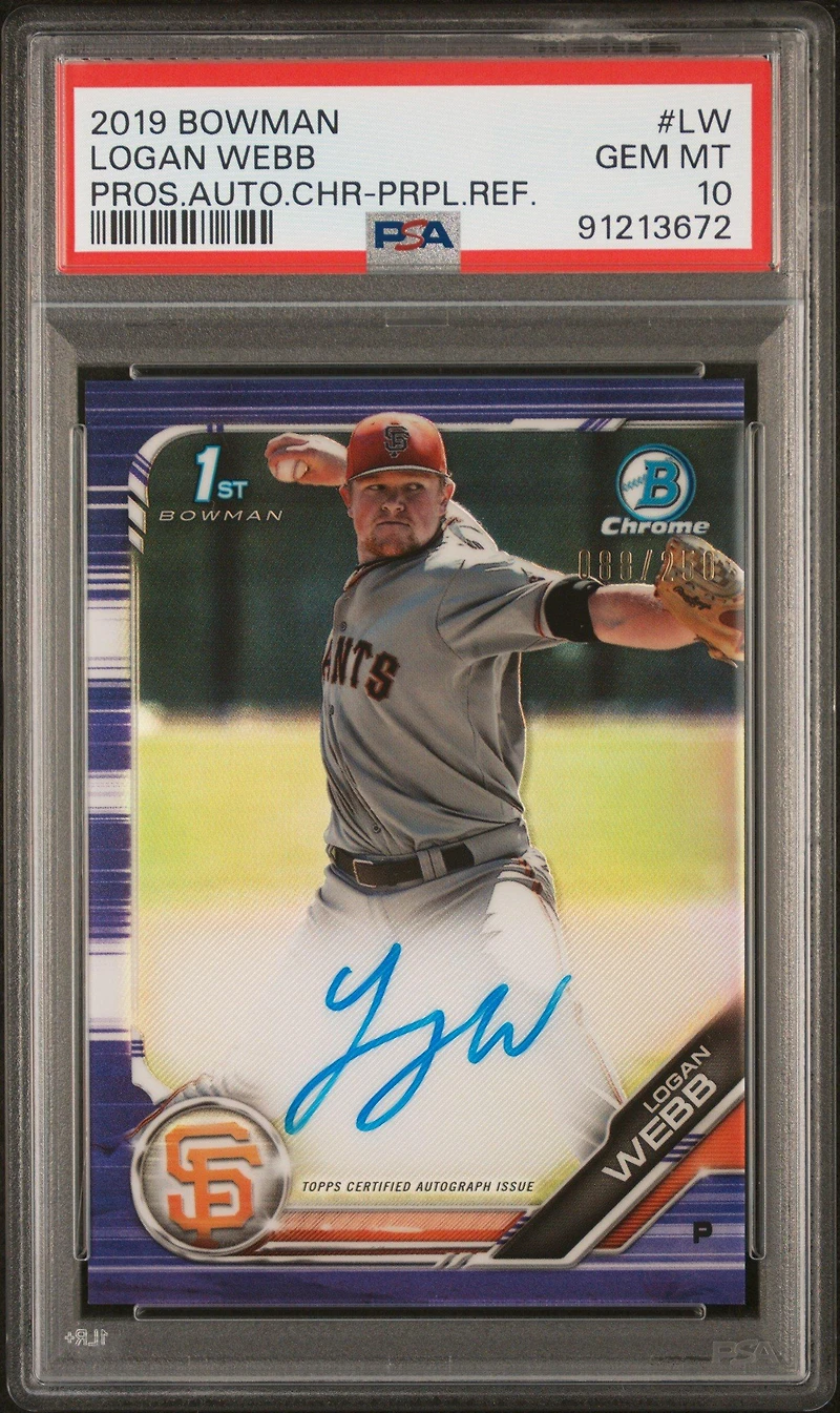 2019 Bowman Prospect Autographs Chrome Lw Logan Webb Purple Refractor PSA 10