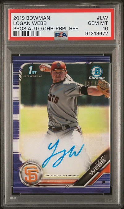 2019 Bowman Prospect Autographs Chrome Lw Logan Webb Purple Refractor PSA 10