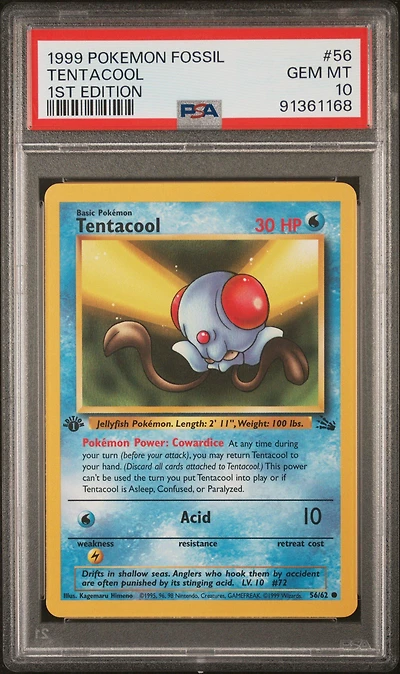 1999 Pokemon Fossil 56 Tentacool 1st Edition PSA 10
