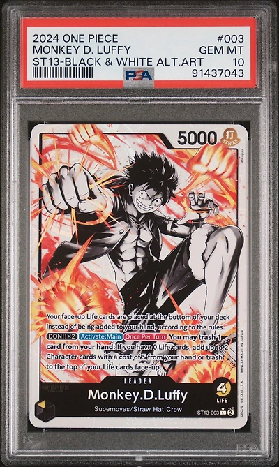 2024 One Piece Ultra Deck St13-the Three Brothers 003 Monkey D. Luffy Black & White Alternate Art PSA 10