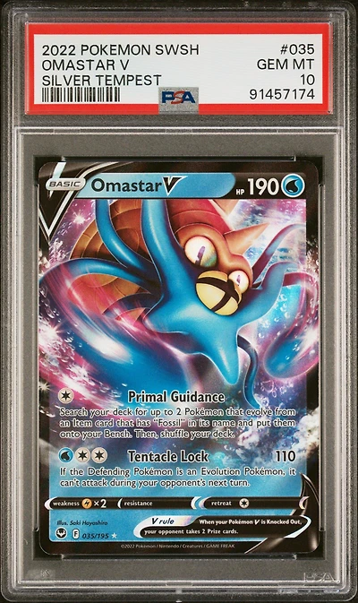 2022 Pokemon Sword & Shield Silver Tempest 035 Omastar V PSA 10