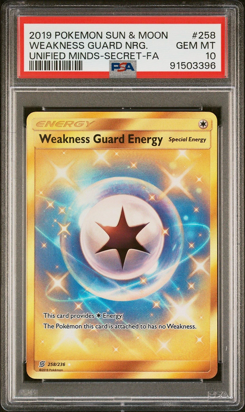 2019 Pokemon Sun & Moon Unified Minds 258 Full Art/weakness Guard Energy Secret PSA 10