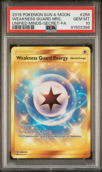 2019 Pokemon Sun & Moon Unified Minds 258 Full Art/weakness Guard Energy Secret PSA 10