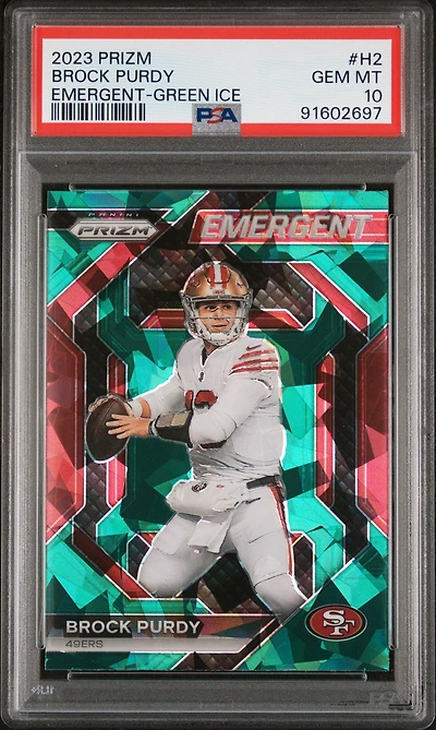 2023 Panini Prizm Emergent H2 Brock Purdy Green Ice PSA 10