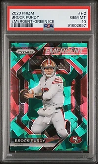 2023 Panini Prizm Emergent H2 Brock Purdy Green Ice PSA 10