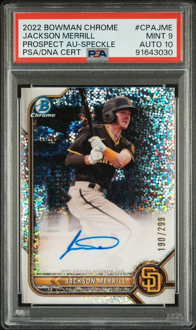 2022 Bowman Chrome Prospect Autographs Cpajme Jackson Merrill Speckle Refractor PSA 9