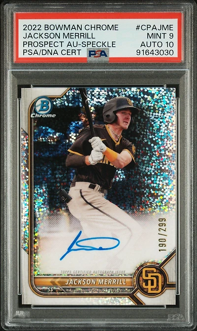 2022 Bowman Chrome Prospect Autographs Cpajme Jackson Merrill Speckle Refractor PSA 9