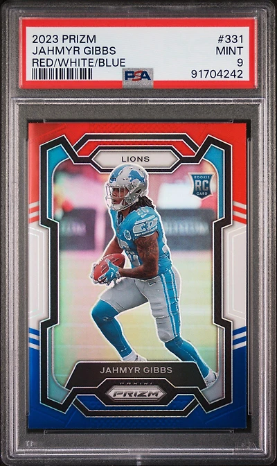 2023 Panini Prizm 331 Jahmyr Gibbs Red/white/blue Prizm PSA 9