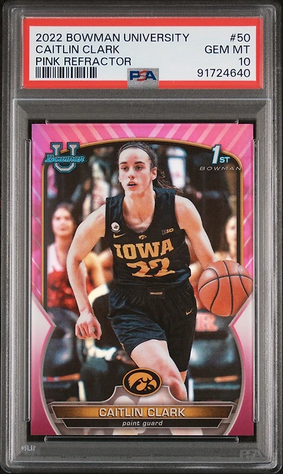 2022 Bowman Chrome University 50 Caitlin Clark Pink Refractor PSA