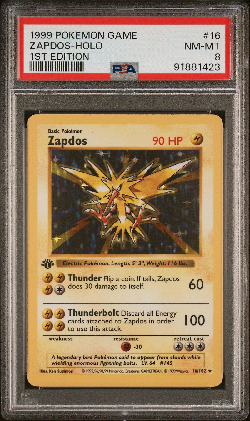 1999 Pokemon Game 16 Zapdos-holo 1st Edition PSA 8