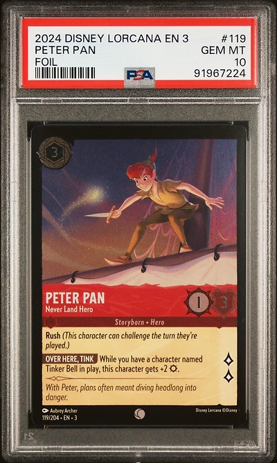 2024 Disney Lorcana En 3-into The Inklands 119 Peter Pan - Never Land Hero Foil PSA 10