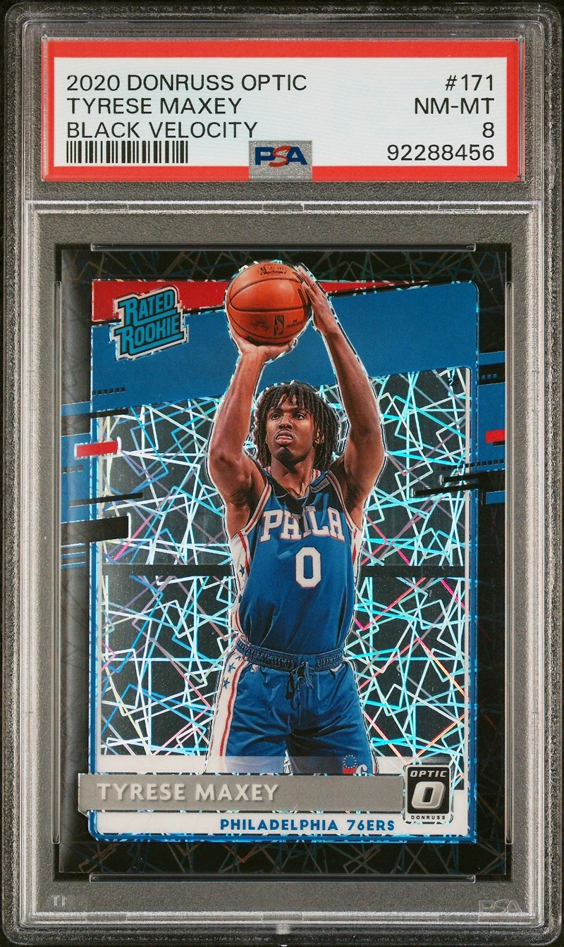 2020 Panini Donruss Optic 171 Tyrese Maxey Black Velocity PSA 8