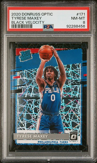2020 Panini Donruss Optic 171 Tyrese Maxey Black Velocity PSA 8