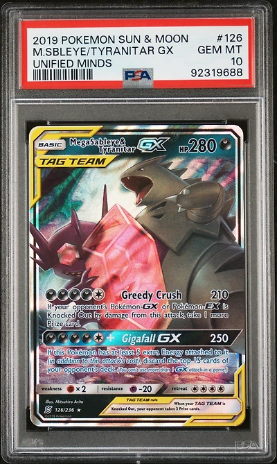 2019 Pokemon Sun & Moon Unified Minds 126 Mega Sableye & Tyranitar Gx PSA 10
