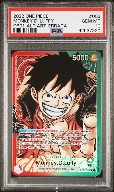 2022 One Piece Op01-romance Dawn 003 Monkey D. Luffy Alternate Art-errata PSA 10
