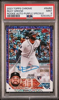 2023 Topps Chrome Rookie Autograph Rarg Riley Greene Purple Speckle Refractor PSA 9