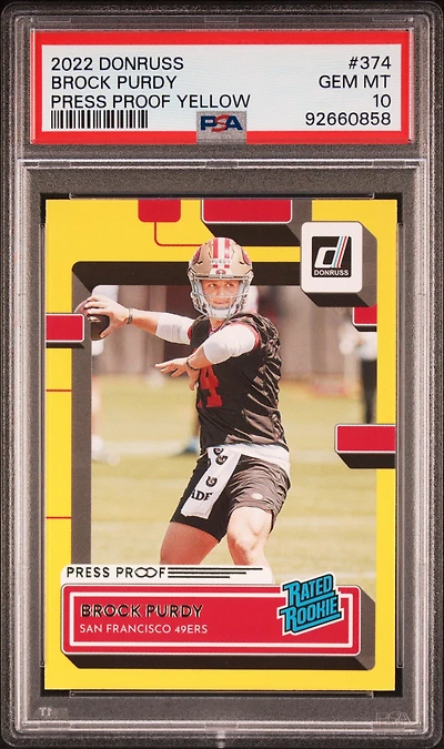 2022 Panini Donruss 374 Brock Purdy Press Proof Yellow PSA 10