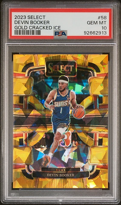 2023 Panini Select 58 Devin Booker Gold Cracked Ice PSA 10
