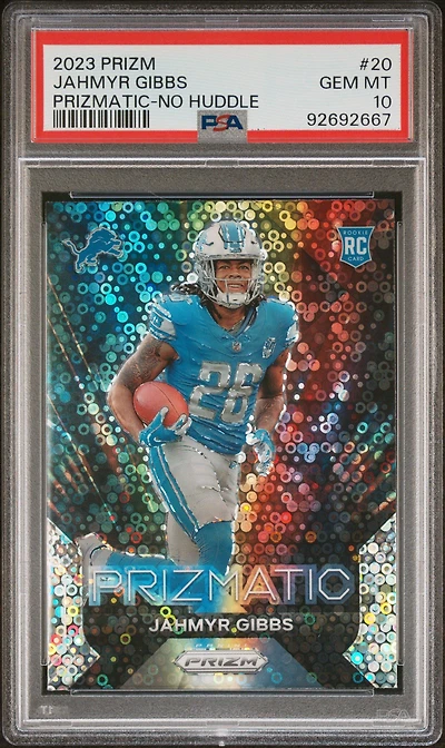 2023 Panini Prizm Prizmatic 20 Jahmyr Gibbs No Huddle PSA 10