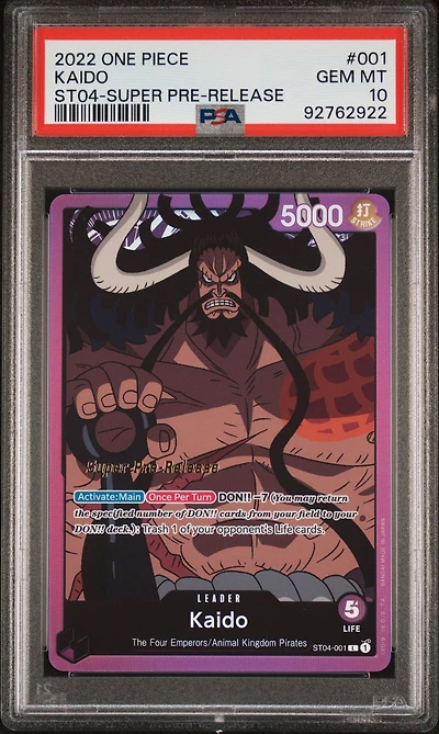 2022 One Piece Starter Deck St04-animal Kingdom Pirates 001 Kaido Super Pre-release PSA 10