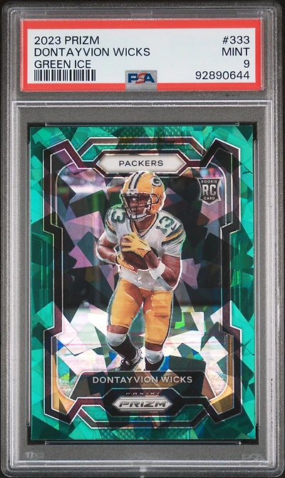 2023 Panini Prizm 333 Dontayvion Wicks Green Ice PSA 9
