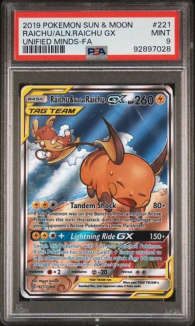 2019 Pokemon Sun & Moon Unified Minds 221 Raichu/aln.raichu Gx PSA 9