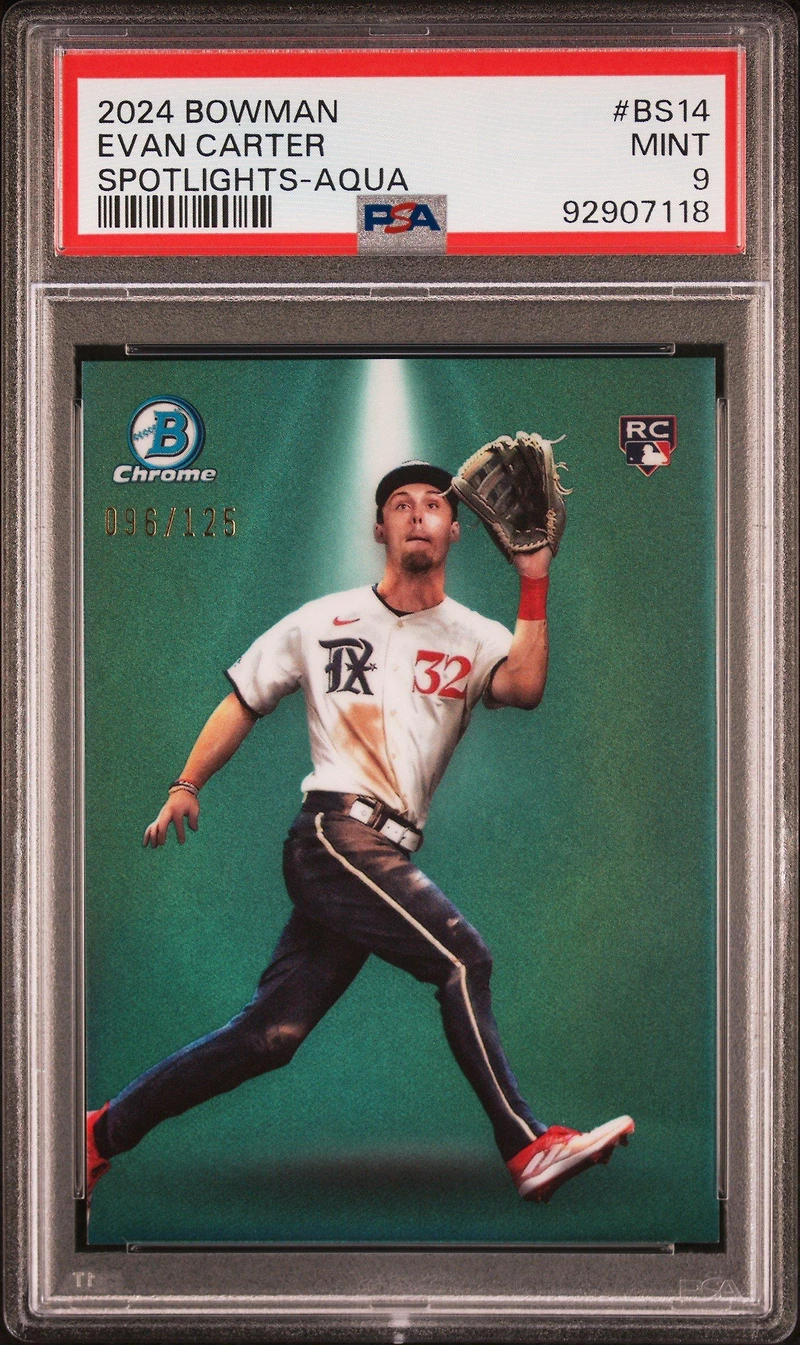 2024 Bowman Bowman Spotlights Bs14 Evan Carter Aqua Refractor PSA 9