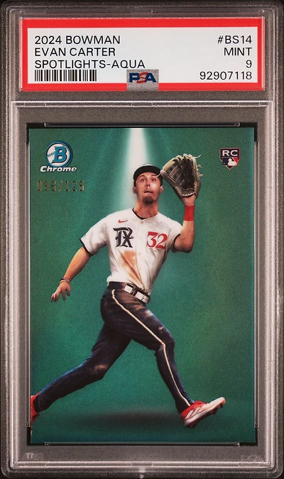 2024 Bowman Bowman Spotlights Bs14 Evan Carter Aqua Refractor PSA 9